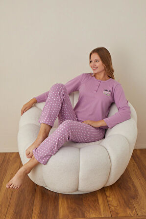 Lindros Kadın Pamuk'lu Düğme Yaka Raporlu İnterlok KIŞLIK Pijama Takımı 05002 - 1 Adet 