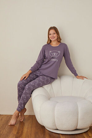 Lindros Kadın Pamuk'lu Düğme Yaka Raporlu İnterlok KIŞLIK Pijama Takımı 05006 - 1 Adet 