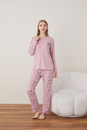 Lindros Kadın Pamuk'lu Düğme Yaka Raporlu İnterlok KIŞLIK Pijama Takımı 05011 - 1 Adet 