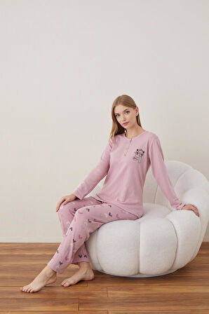 Lindros Kadın Pamuk'lu Düğme Yaka Raporlu İnterlok KIŞLIK Pijama Takımı 05011 - 1 Adet 