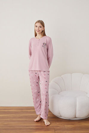 Lindros Kadın Pamuk'lu Düğme Yaka Raporlu İnterlok KIŞLIK Pijama Takımı 05011 - 1 Adet 