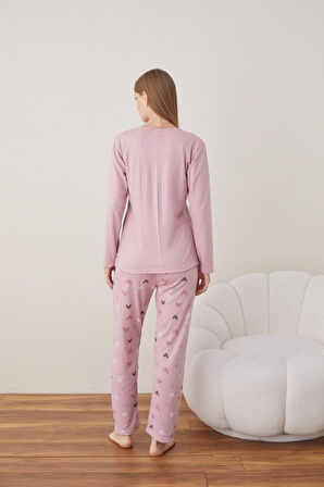 Lindros Kadın Pamuk'lu Düğme Yaka Raporlu İnterlok KIŞLIK Pijama Takımı 05011 - 1 Adet 