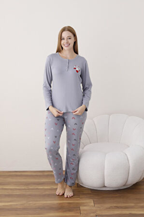 Lindros Kadın Pamuk'lu Düğme Yaka Raporlu İnterlok KIŞLIK Pijama Takımı 05020 - 1 Adet 