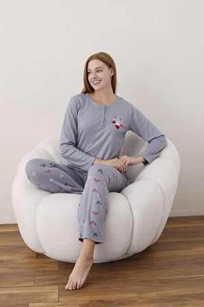 Lindros Kadın Pamuk'lu Düğme Yaka Raporlu İnterlok KIŞLIK Pijama Takımı 05020 - 1 Adet 