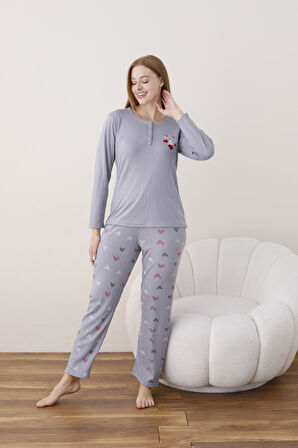 Lindros Kadın Pamuk'lu Düğme Yaka Raporlu İnterlok KIŞLIK Pijama Takımı 05020 - 1 Adet 