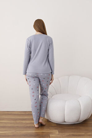 Lindros Kadın Pamuk'lu Düğme Yaka Raporlu İnterlok KIŞLIK Pijama Takımı 05020 - 1 Adet 