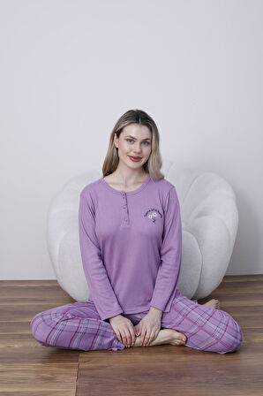 Lindros Kadın Pamuk'lu Düğme Yaka Raporlu İnterlok KIŞLIK Pijama Takımı 05031 - 1 Adet 