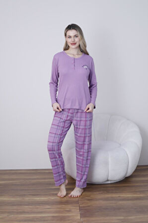 Lindros Kadın Pamuk'lu Düğme Yaka Raporlu İnterlok KIŞLIK Pijama Takımı 05031 - 1 Adet 