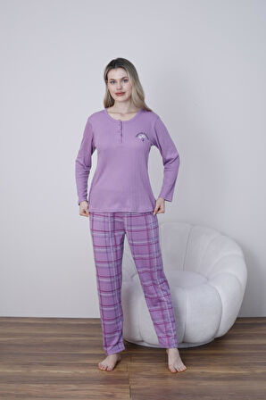 Lindros Kadın Pamuk'lu Düğme Yaka Raporlu İnterlok KIŞLIK Pijama Takımı 05031 - 1 Adet 