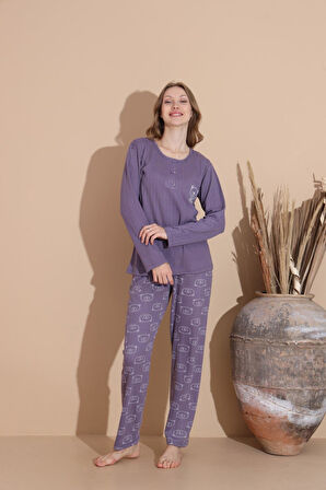 Lindros Kadın Pamuk'lu Düğme Yaka Raporlu İnterlok KIŞLIK Pijama Takımı 05035 - 1 Adet 