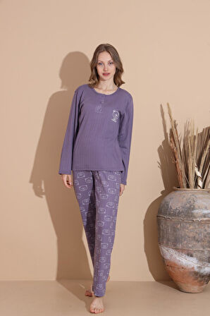 Lindros Kadın Pamuk'lu Düğme Yaka Raporlu İnterlok KIŞLIK Pijama Takımı 05035 - 1 Adet 