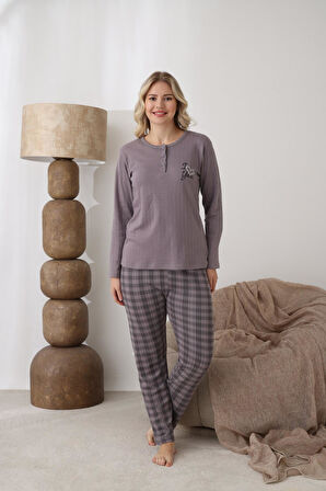 Lindros Kadın Pamuk'lu Düğme Yaka Raporlu İnterlok KIŞLIK Pijama Takımı 05162 - 1 Adet 