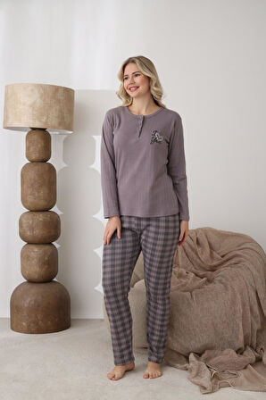 Lindros Kadın Pamuk'lu Düğme Yaka Raporlu İnterlok KIŞLIK Pijama Takımı 05162 - 1 Adet 