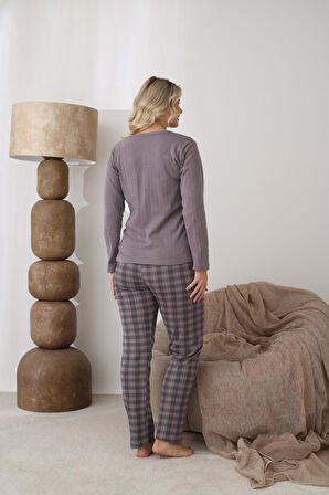 Lindros Kadın Pamuk'lu Düğme Yaka Raporlu İnterlok KIŞLIK Pijama Takımı 05162 - 1 Adet 