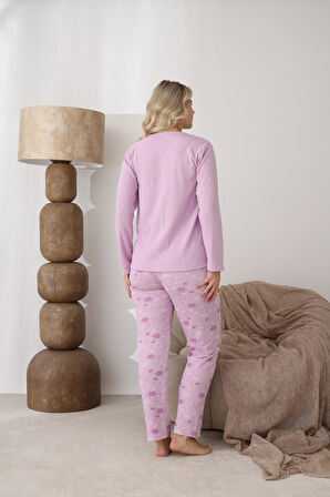 Lindros Kadın Pamuk'lu Düğme Yaka Raporlu İnterlok KIŞLIK Pijama Takımı 05163 - 1 Adet 