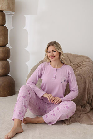 Lindros Kadın Pamuk'lu Düğme Yaka Raporlu İnterlok KIŞLIK Pijama Takımı 05163 - 1 Adet 