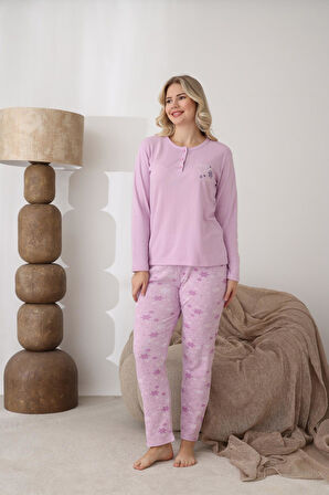 Lindros Kadın Pamuk'lu Düğme Yaka Raporlu İnterlok KIŞLIK Pijama Takımı 05163 - 1 Adet 