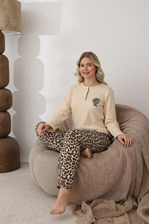 Lindros Kadın Pamuk'lu Düğme Yaka Raporlu İnterlok KIŞLIK Pijama Takımı 06043 - 1 Adet 