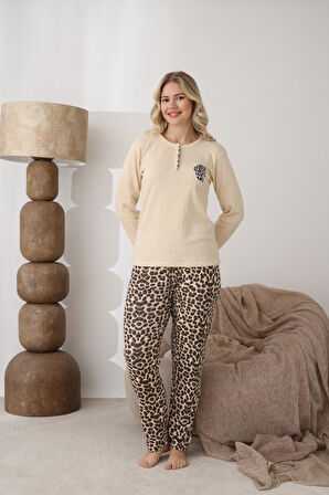 Lindros Kadın Pamuk'lu Düğme Yaka Raporlu İnterlok KIŞLIK Pijama Takımı 06043 - 1 Adet 