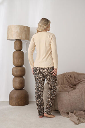 Lindros Kadın Pamuk'lu Düğme Yaka Raporlu İnterlok KIŞLIK Pijama Takımı 06043 - 1 Adet 