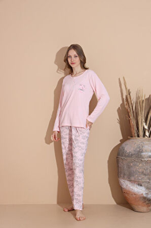 Lindros Kadın Pamuk'lu Düğme Yaka Raporlu İnterlok KIŞLIK Pijama Takımı 05033 - 1 Adet 