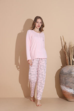 Lindros Kadın Pamuk'lu Düğme Yaka Raporlu İnterlok KIŞLIK Pijama Takımı 05033 - 1 Adet 