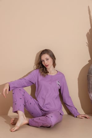 Lindros Kadın Pamuk'lu Düğme Yaka Raporlu İnterlok KIŞLIK Pijama Takımı 05034 - 1 Adet