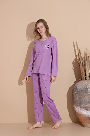 Lindros Kadın Pamuk'lu Düğme Yaka Raporlu İnterlok KIŞLIK Pijama Takımı 05034 - 1 Adet