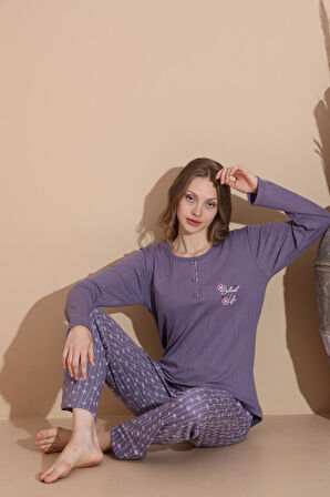 Lindros Kadın Pamuk'lu Düğme Yaka Raporlu İnterlok KIŞLIK Pijama Takımı 05040 - 1 Adet 