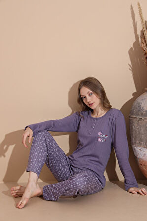 Lindros Kadın Pamuk'lu Düğme Yaka Raporlu İnterlok KIŞLIK Pijama Takımı 05040 - 1 Adet 