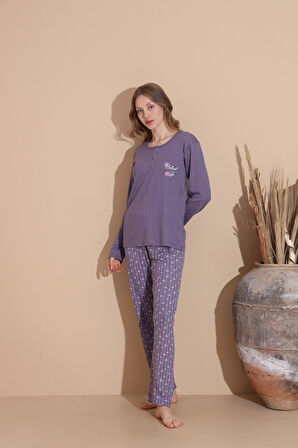 Lindros Kadın Pamuk'lu Düğme Yaka Raporlu İnterlok KIŞLIK Pijama Takımı 05040 - 1 Adet 