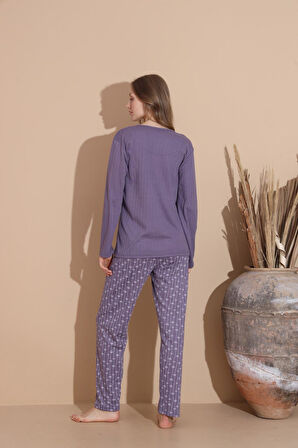 Lindros Kadın Pamuk'lu Düğme Yaka Raporlu İnterlok KIŞLIK Pijama Takımı 05040 - 1 Adet 