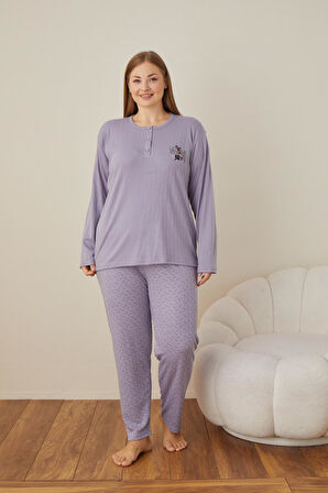 Lindros Kadın Pamuk'lu Düğme Yaka Raporlu İnterlok KIŞLIK Battal Pijama Takımı 05104 - 1 Adet 