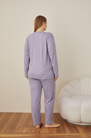 Lindros Kadın Pamuk'lu Düğme Yaka Raporlu İnterlok KIŞLIK Battal Pijama Takımı 05104 - 1 Adet 