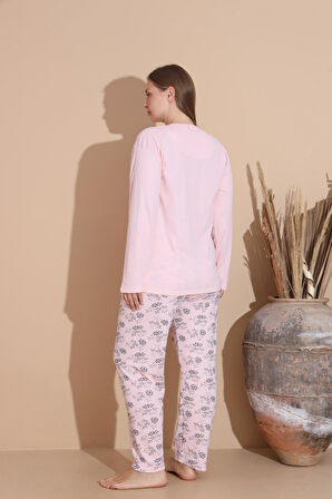 Lindros Kadın Pamuk'lu Düğme Yaka Raporlu İnterlok KIŞLIK Battal Pijama Takımı 05150P - 1 Adet 