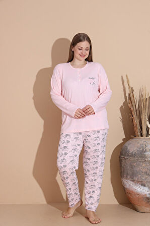 Lindros Kadın Pamuk'lu Düğme Yaka Raporlu İnterlok KIŞLIK Battal Pijama Takımı 05150P - 1 Adet 