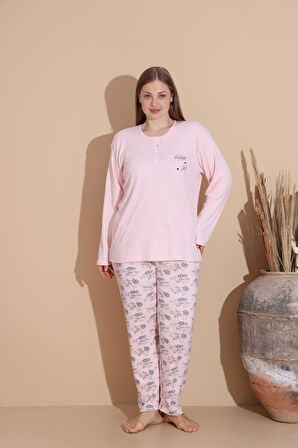 Lindros Kadın Pamuk'lu Düğme Yaka Raporlu İnterlok KIŞLIK Battal Pijama Takımı 05150P - 1 Adet 