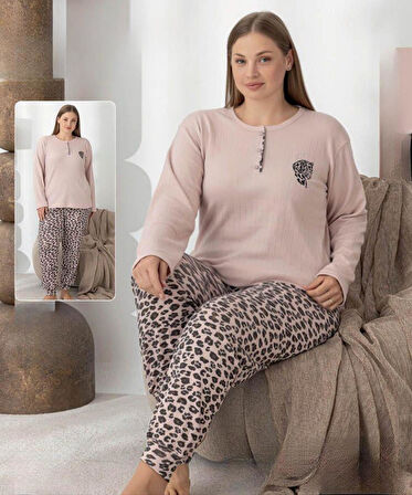 Lindros Kadın Pamuk'lu Düğme Yaka Raporlu İnterlok KIŞLIK Battal Pijama Takımı 0251 - 1 Adet 