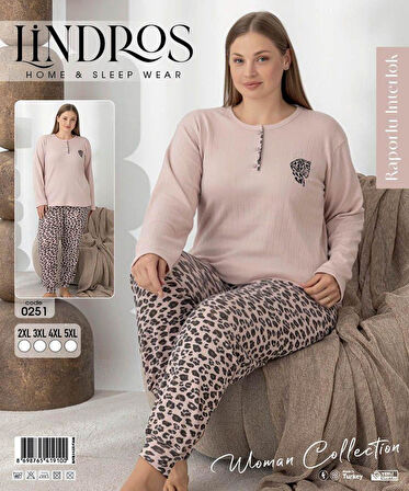 Lindros Kadın Pamuk'lu Düğme Yaka Raporlu İnterlok KIŞLIK Battal Pijama Takımı 0251 - 1 Adet 