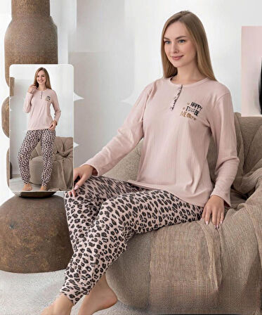 Lindros Kadın Pamuk'lu Düğme Yaka Raporlu İnterlok KIŞLIK Pijama Takımı 0248 - 1 Adet 