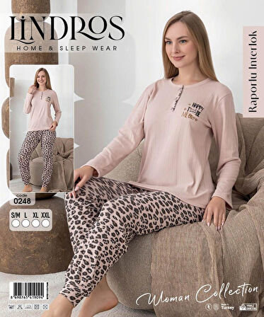 Lindros Kadın Pamuk'lu Düğme Yaka Raporlu İnterlok KIŞLIK Pijama Takımı 0248 - 1 Adet 
