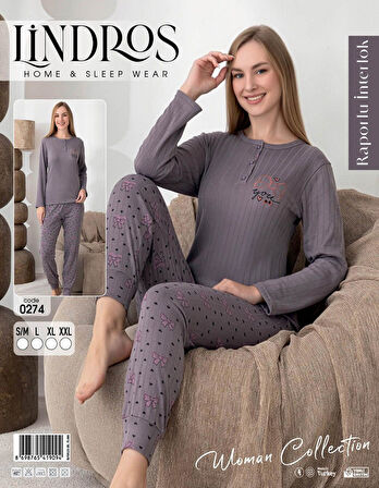Lindros Kadın Pamuk'lu Düğme Yaka Raporlu İnterlok KIŞLIK Pijama Takımı 0274 - 1 Adet 