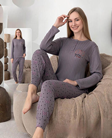 Lindros Kadın Pamuk'lu Düğme Yaka Raporlu İnterlok KIŞLIK Pijama Takımı 0274 - 1 Adet 