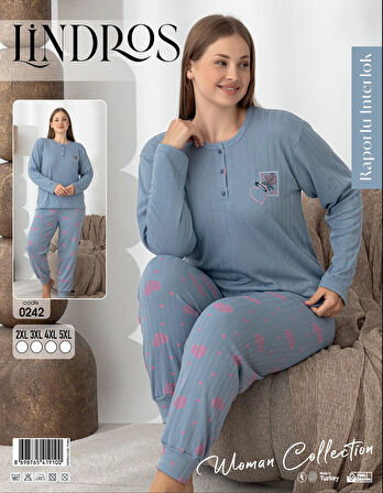 Lindros Kadın Pamuk'lu Düğme Yaka Raporlu İnterlok KIŞLIK Battal Pijama Takımı 0242 - 1 Adet 