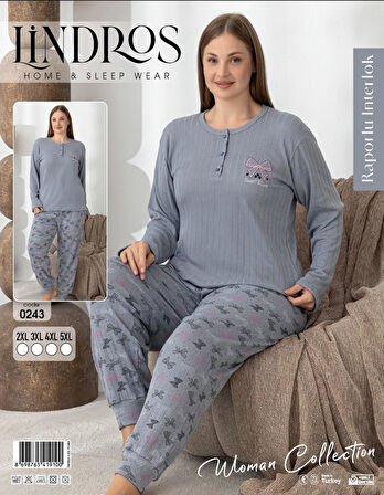 Lindros Kadın Pamuk'lu Düğme Yaka Raporlu İnterlok KIŞLIK Battal Pijama Takımı 0243 - 1 Adet 