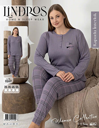 Lindros Kadın Pamuk'lu Düğme Yaka Raporlu İnterlok KIŞLIK Battal Pijama Takımı 0267 - 1 Adet 