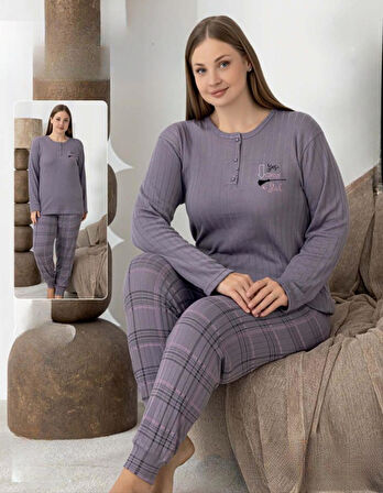 Lindros Kadın Pamuk'lu Düğme Yaka Raporlu İnterlok KIŞLIK Battal Pijama Takımı 0267 - 1 Adet 