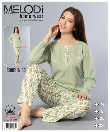 Melodi Kadın Standart Kalıp %100 PAMUK Düğmeli Yaka Uzun Kol Baharlık Pijama Takımı 16165- 1 Adet