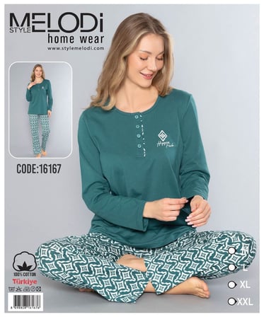 Melodi Kadın Standart Kalıp %100 PAMUK Düğmeli Yaka Uzun Kol Baharlık Pijama Takımı 16167- 1 Adet