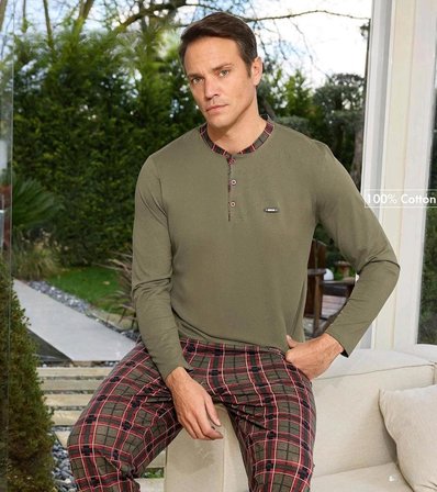 Pijamoni Erkek Standart Kalıp Pamuklu Düğme Yaka Uzun Kol Baharlık Pijama Takımı 6300/5H - 1 Adet